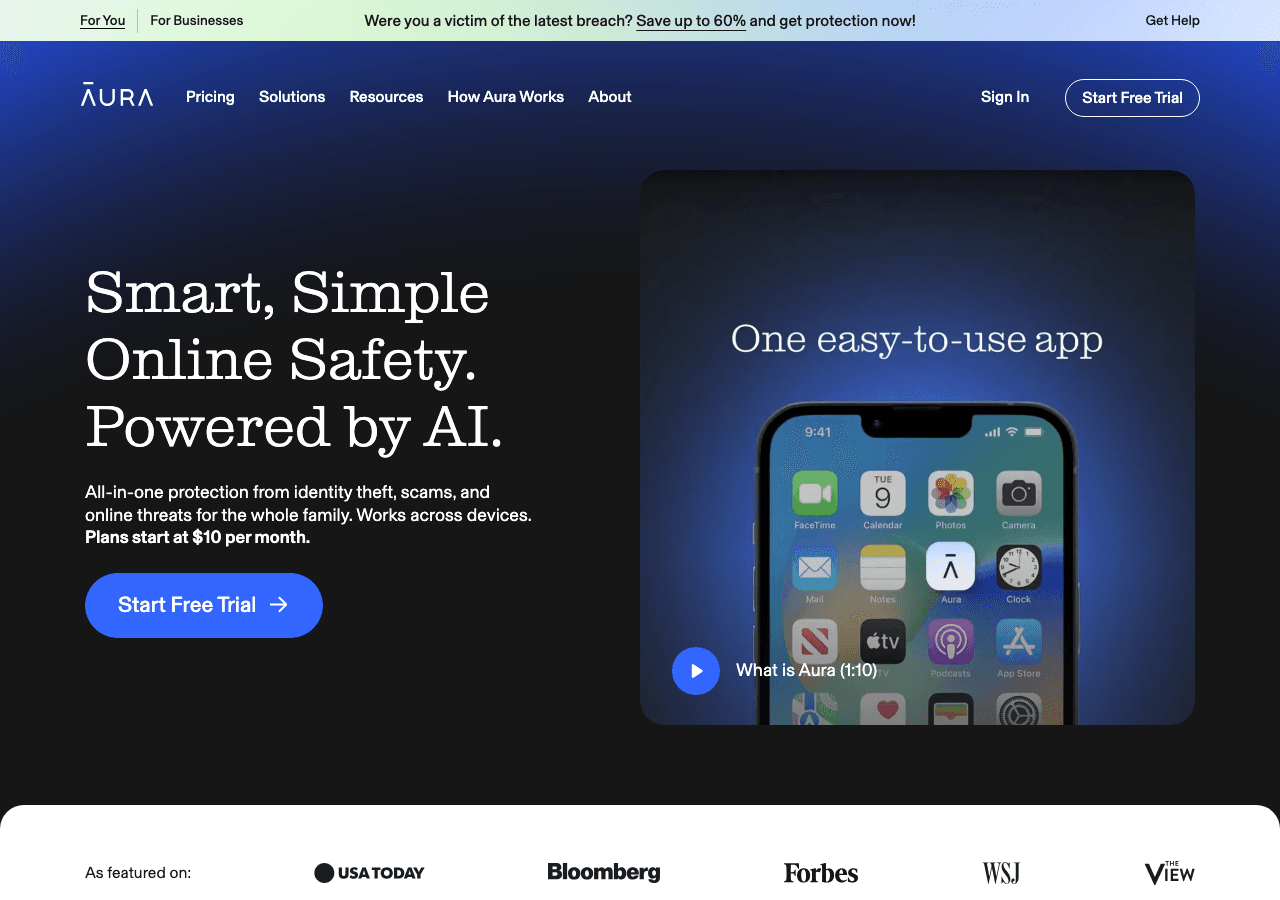 Aura Search & Discovery showing identity theft protection - Intelligent Digital Safety for the Whole Family