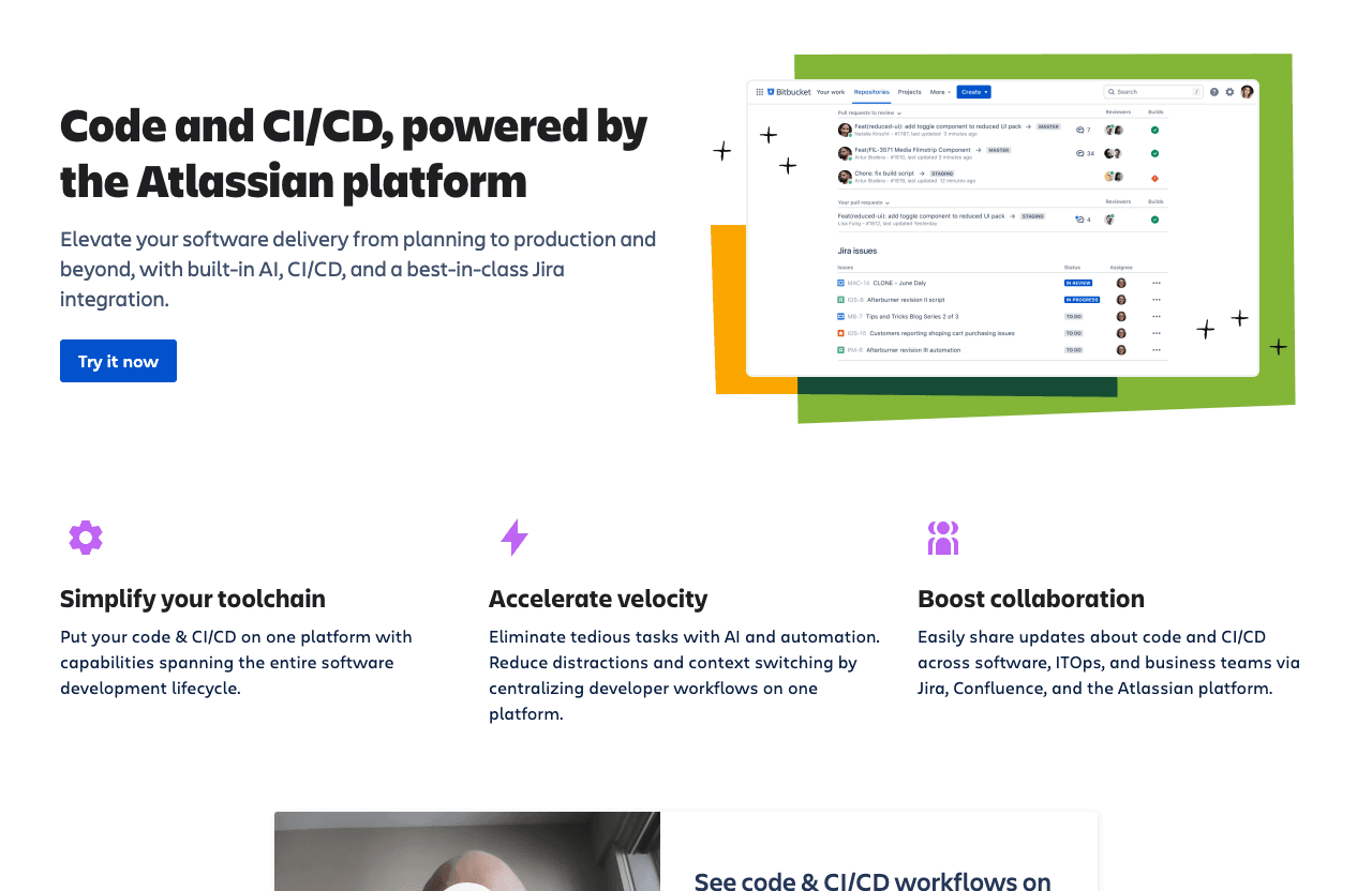 Bitbucket Productivity & Collaboration showing git hosting - Code & CI/CD, supported by the Atlassian platform