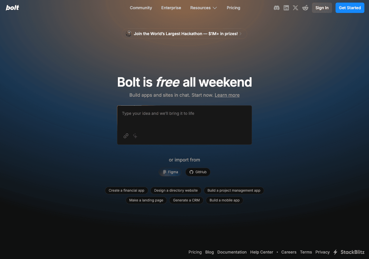 Bolt.new Code Assistance showing ai app builder - Build full-stack apps at the speed of thought—AI-powered, browser-native, i
