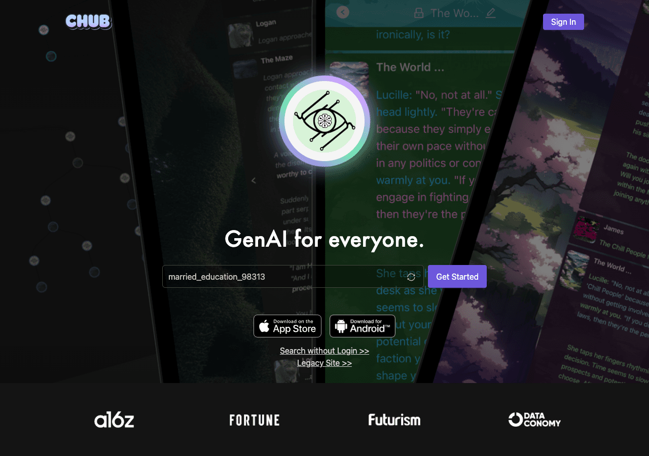 Chub AI Conversational AI showing ai character chat - Create, customize, and interact with uncensored limitless AI characters