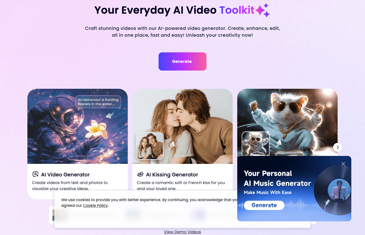 Clipfly Video Generation showing ai video generator - Create AI‑powered videos from text and images online – watermark‑free a