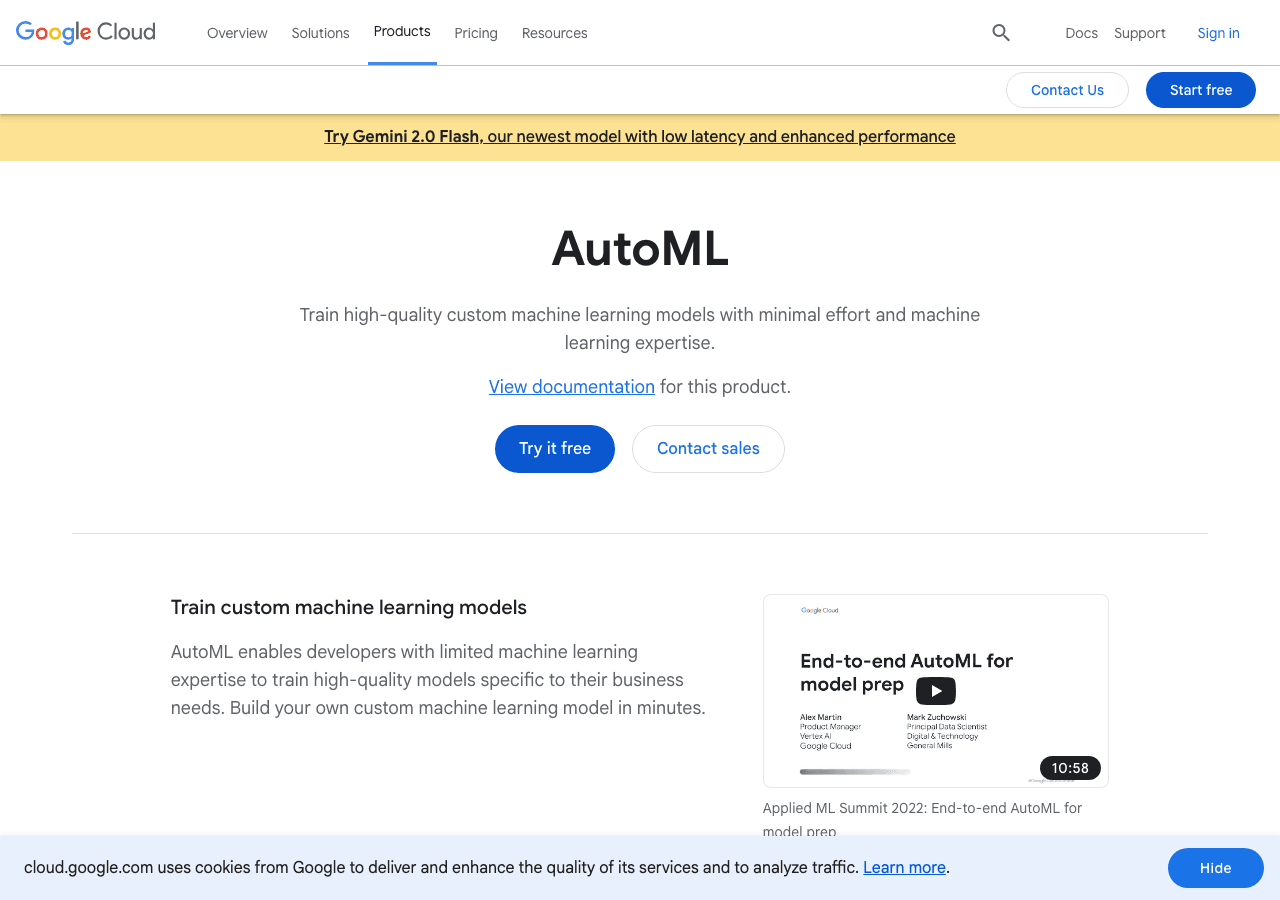 Google Cloud AutoML Data Analytics showing vertex ai - Build, train, and deploy ML and generative AI models—no expertise requ