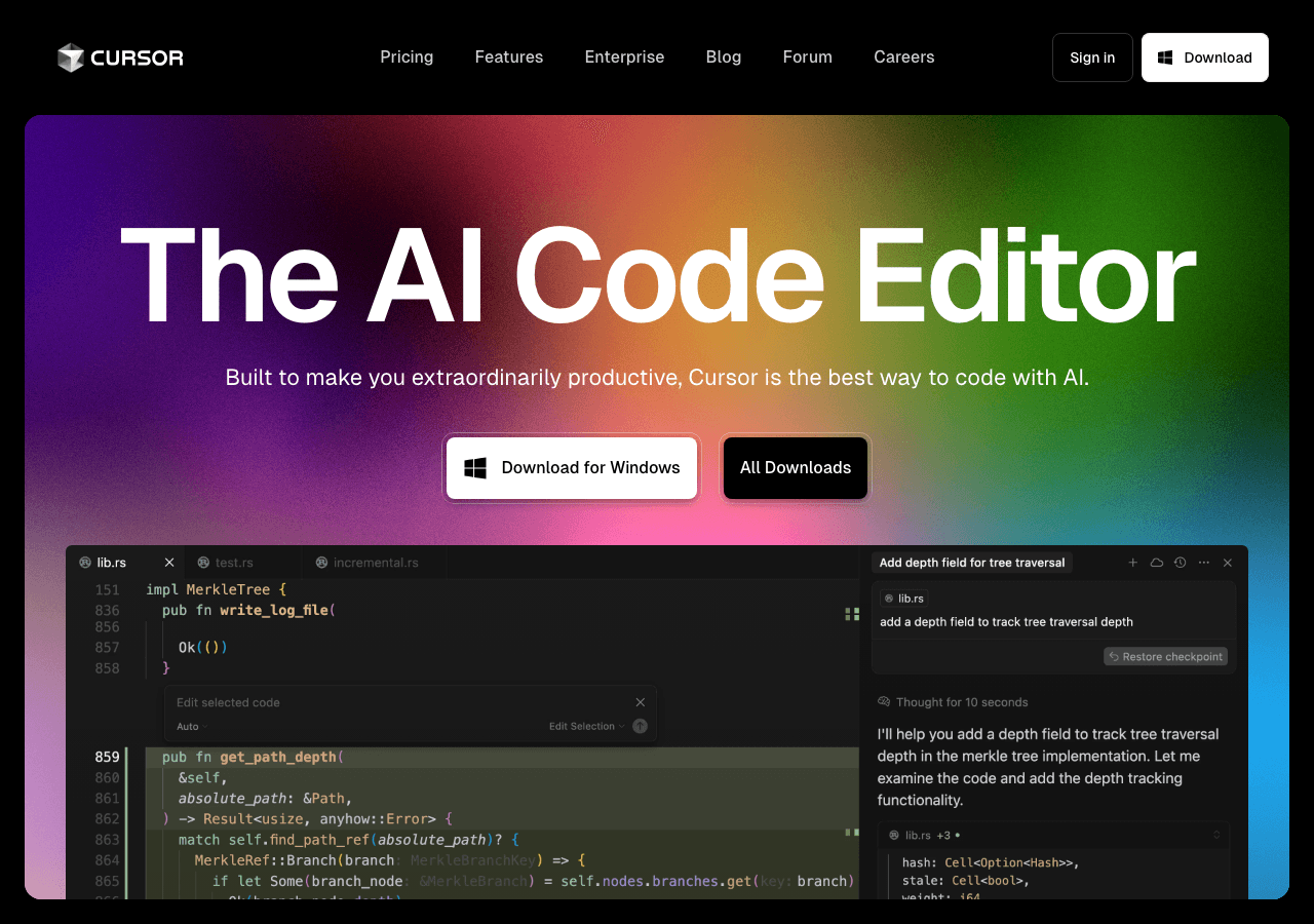 Cursor Code Assistance showing ai code editor - The AI code editor that understands your entire codebase