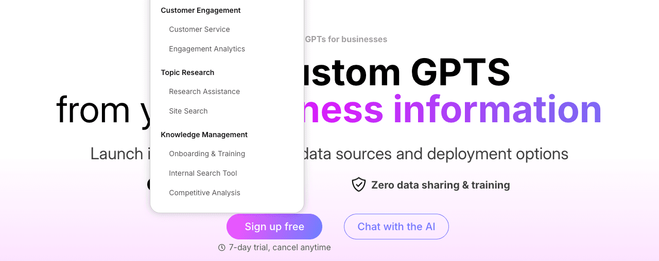 CustomGPT.ai Conversational AI showing custom gpt builder - Create Custom AI Chatbots From Your Business Data in Minutes