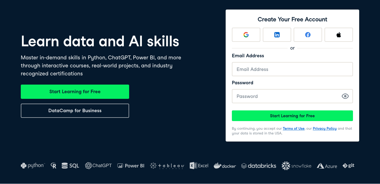 DataCamp Data Analytics showing interactive learning - Master Data & AI Skills. Learn by Doing.