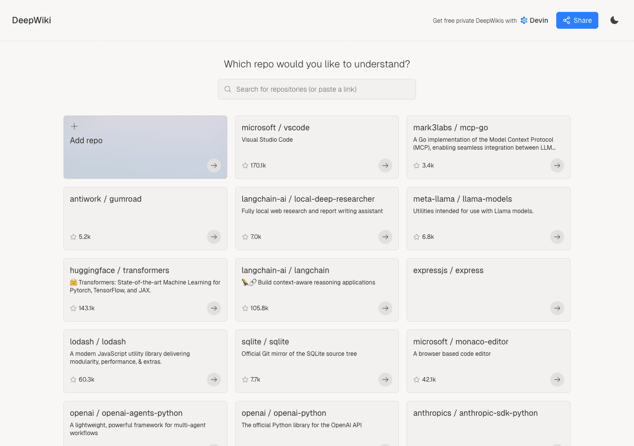 DeepWiki Code Assistance showing ai code documentation - AI-powered encyclopedias for your GitHub repos