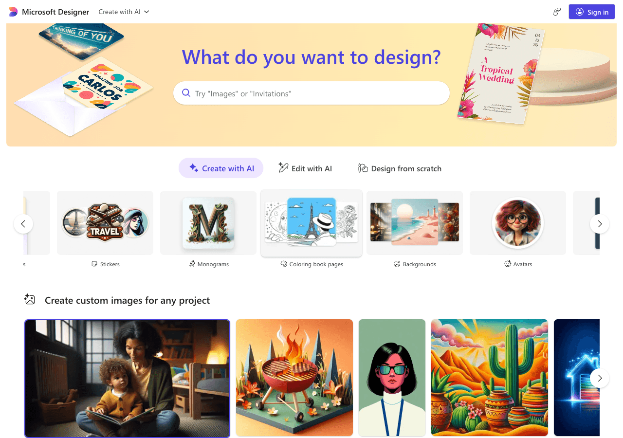 Microsoft Designer Image Generation showing ai design tool - Create stunning designs in seconds with AI