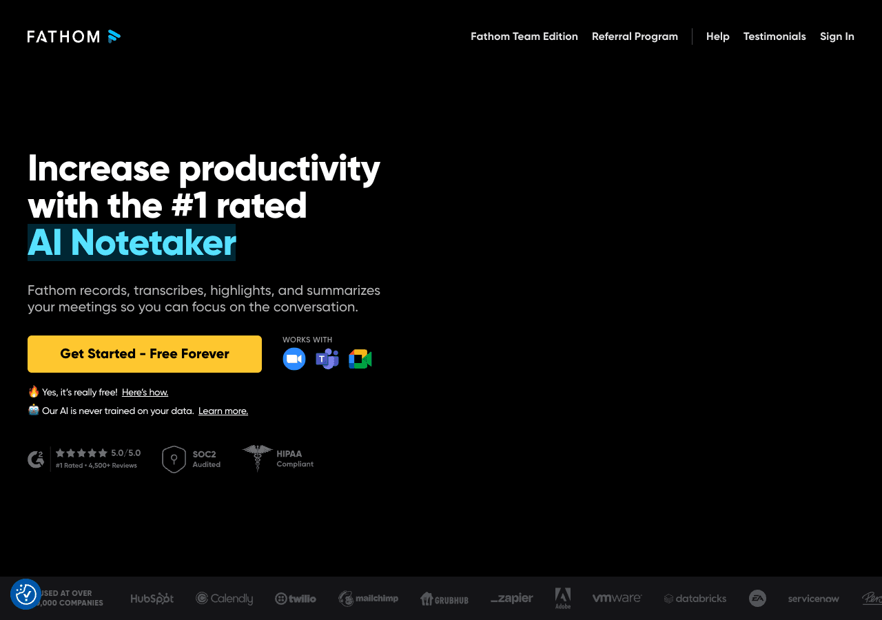 Fathom Productivity & Collaboration showing ai meeting assistant - Turn every conversation into momentum