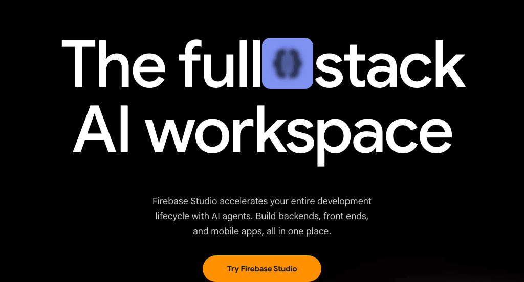 Firebase Studio Code Assistance showing full-stack ai development - Accelerate your entire app lifecycle with AI agents in on