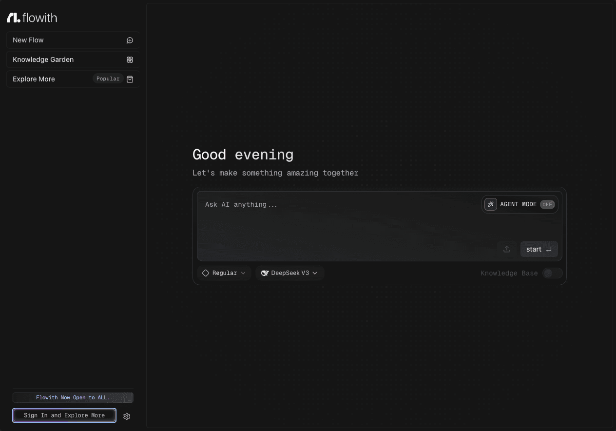 flowith 2.0 Conversational AI showing no-code - Empower Your Content with AI