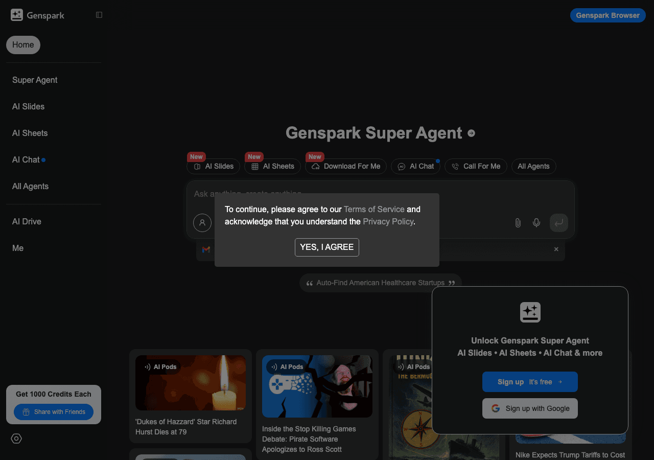 Genspark Productivity & Collaboration showing ai workspace - AI-powered research and automation, reimagined.