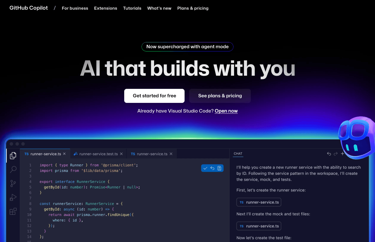 GitHub Copilot Code Assistance showing coding agent - Your AI pair programmer and autonomous coding agent