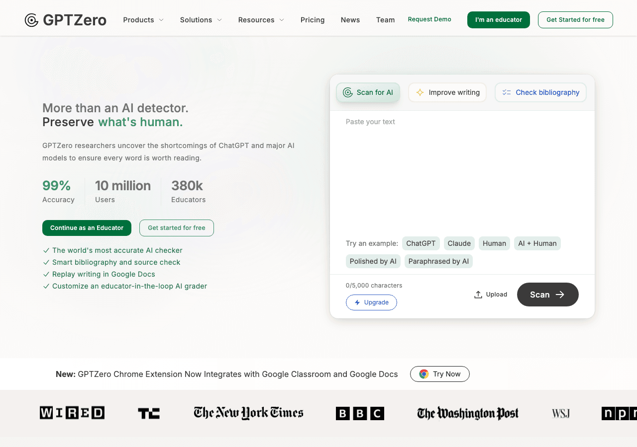 GPTZero Writing & Translation showing ai text detector - The most accurate AI detector & plagiarism checker—99% accuracy for