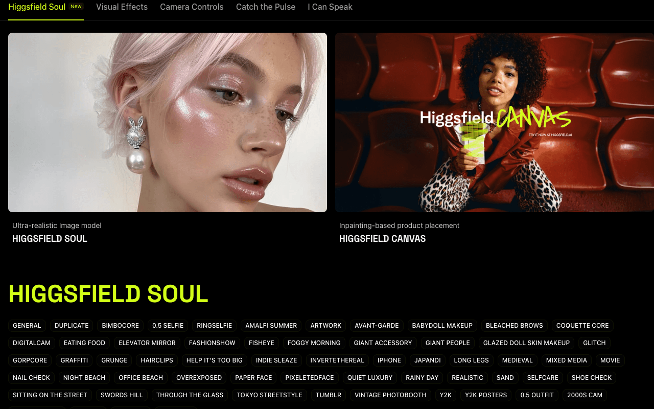 Higgsfield Video Generation showing ai video generation - Professional cinematic videos powered by advanced AI camera control