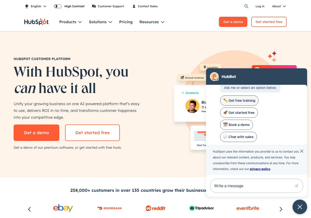 HubSpot Marketing Automation showing smart crm - Where go-to-market teams grow, scale, close, and retain