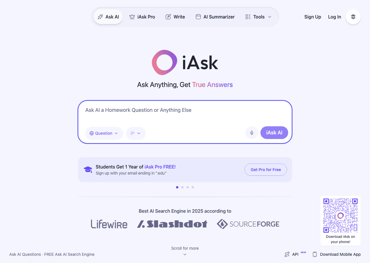 iAsk.Ai Search & Discovery showing ai search engine - Ask Anything. Get Factual Answers Instantly.