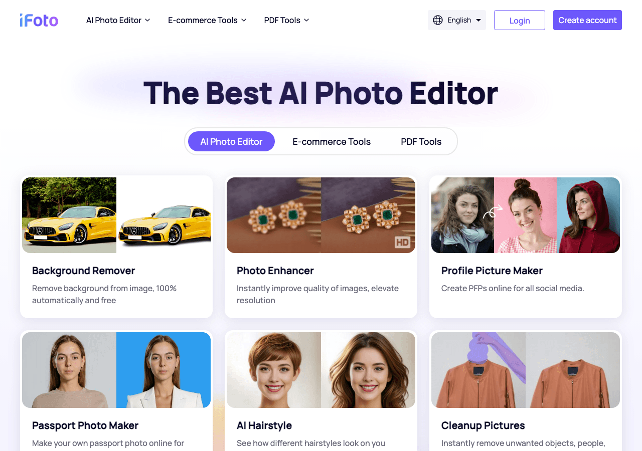 iFoto Design showing ai photo editor - Professional AI photo editing—upscale, enhance, generate headshots, and transform imag