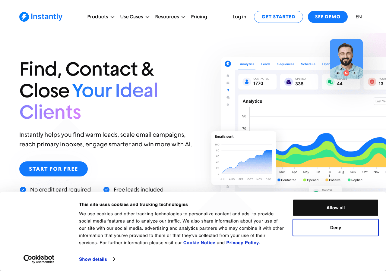 Instantly Marketing Automation showing ai sales engagement - Find warm leads. Scale outreach. Win more deals with AI.