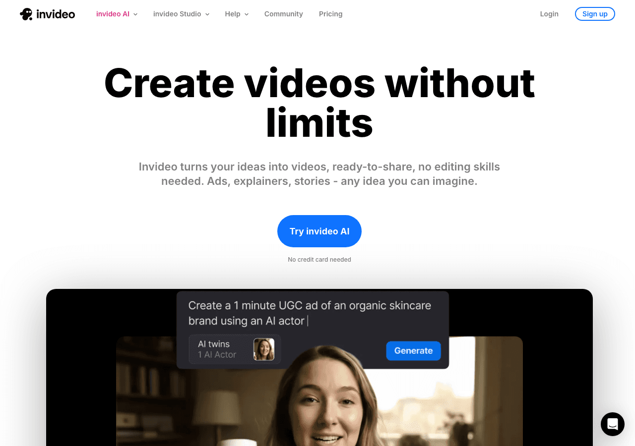 Invideo AI Video Editing showing ai video generation - Turn ideas into professional videos in minutes—no editing skills requi