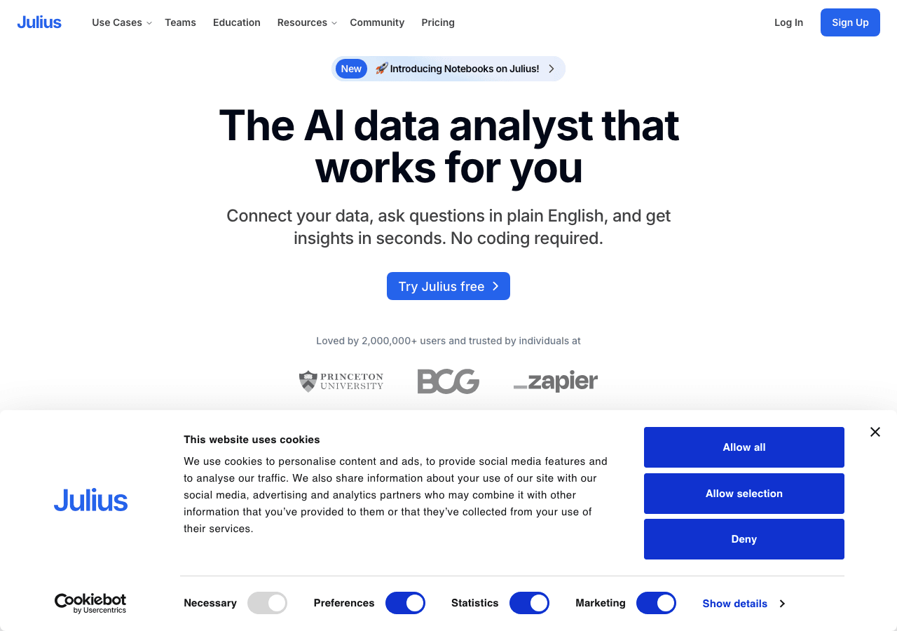Julius AI Conversational AI showing ai data analyst - Turn your data into insights with AI-powered analysis