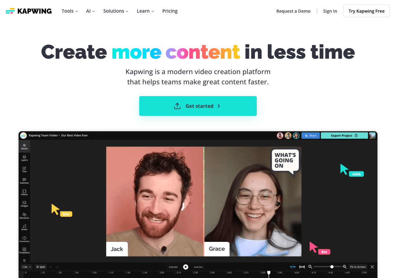 Kapwing Video Editing showing ai video editor - Create more content in less time