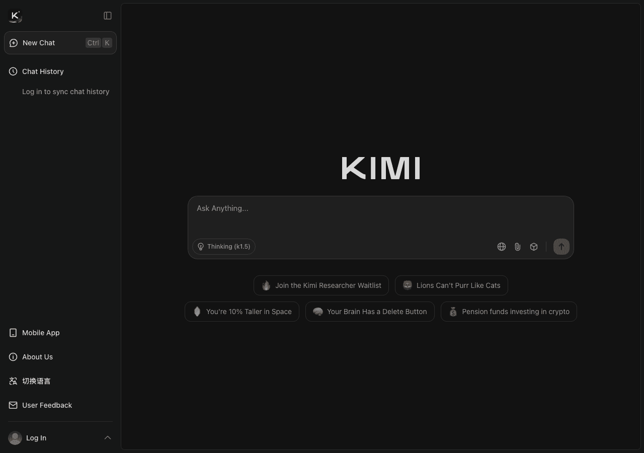 Kimi Conversational AI showing kimi k2 - Thinking agent for your complex tasks