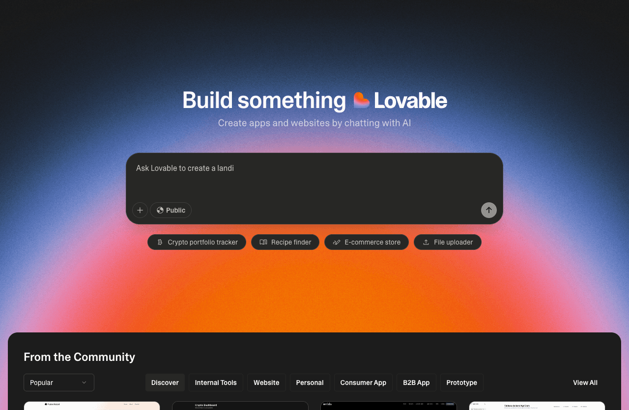 Lovable Code Assistance showing ai app builder - Build full-stack apps from plain English