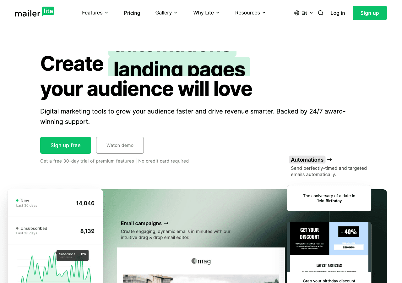MailerLite Marketing Automation showing email marketing platform - Create Email Marketing Your Audience Will Love