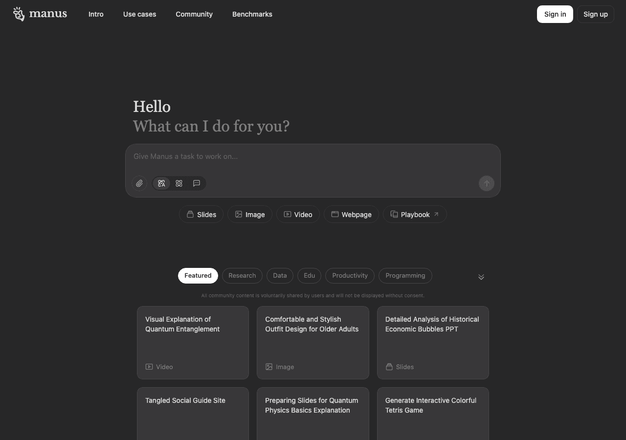 Manus AI Productivity & Collaboration showing autonomous ai agent - Your ideas, executed autonomously—meet Manus.
