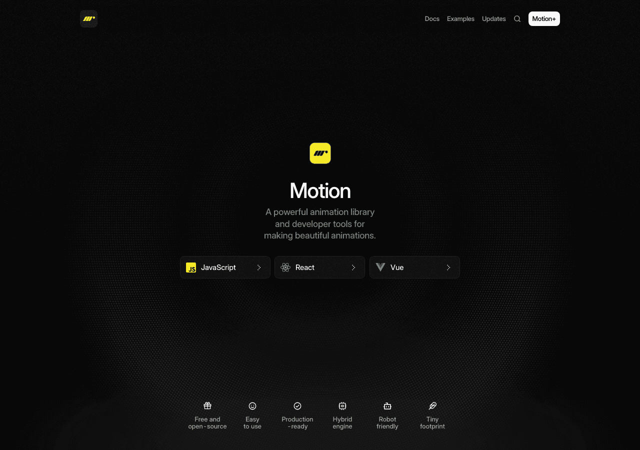Motion Design showing web animation - Fast, production-grade web animations for React, JavaScript, and Vue.