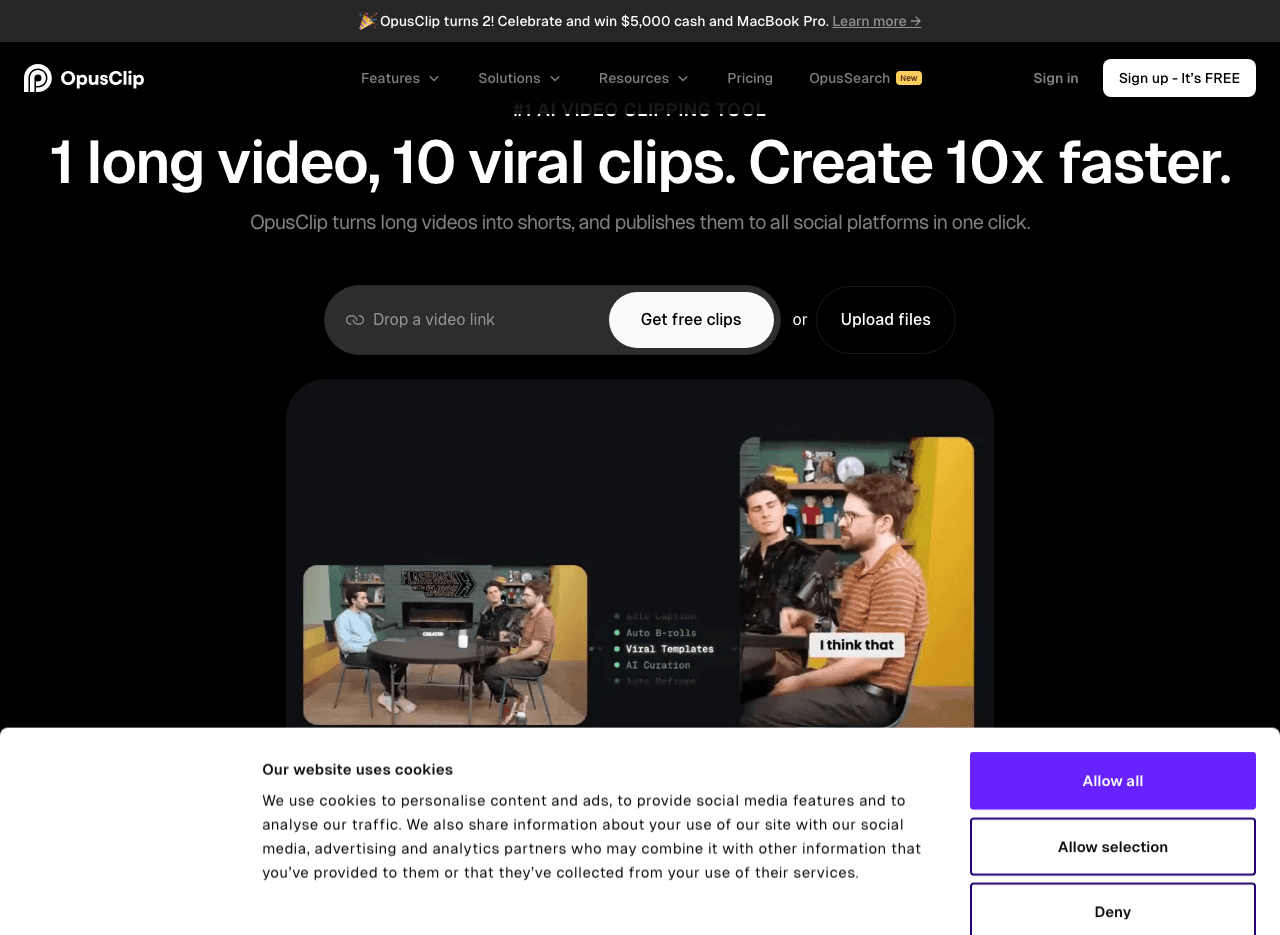 OpusClip Video Editing showing ai video editing - 1 Long Video, 10 Viral Clips—10x Faster