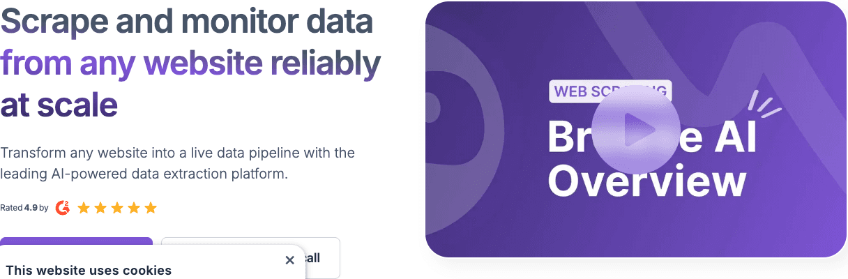 Browse AI Conversational AI showing no code web scraping - Easily extract, monitor, and integrate web data—no code required