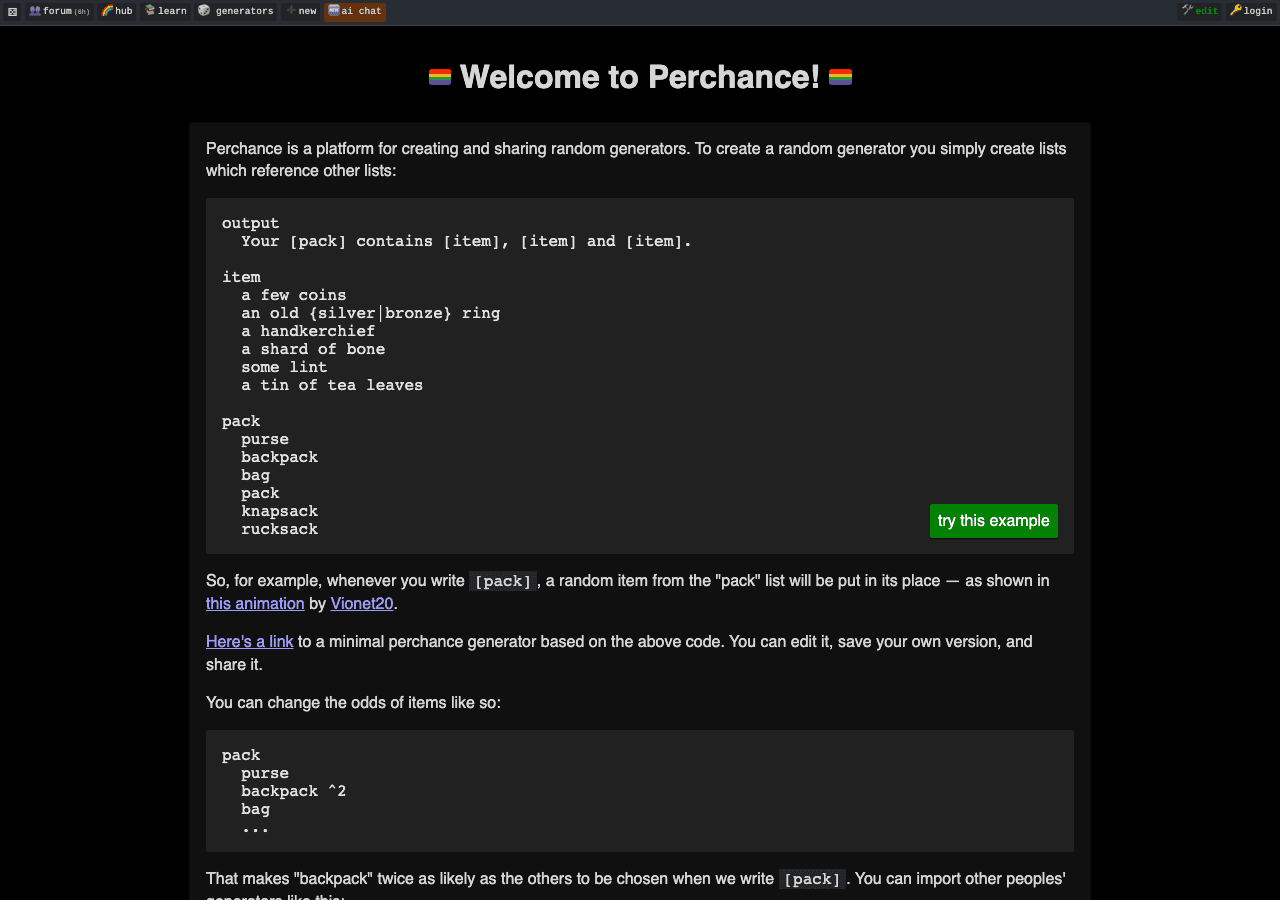 Perchance Image Generation showing random generator - Create stunning AI images, stories, and characters instantly—no login,