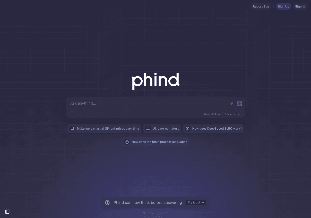 Phind Code Assistance showing ai search engine - Discover insights in your data