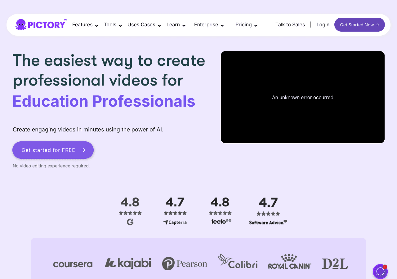 Pictory Video Generation showing ai video generator - Turn text and recordings into branded videos in minutes with Pictory, t