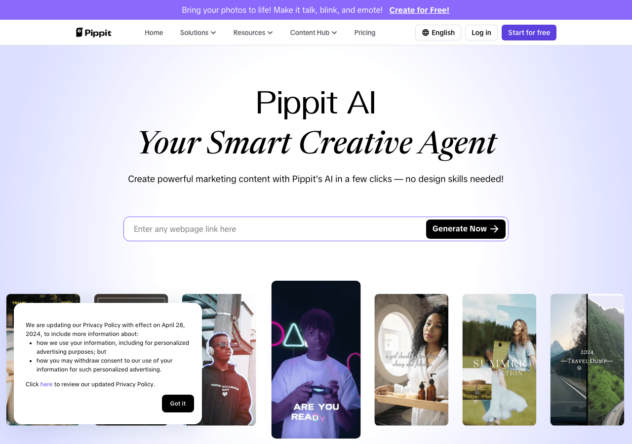 Pippit AI Video Generation showing ai video generator - Your Smart Creative Agent