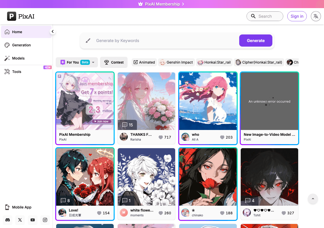 PixAI Image Generation showing anime ai generator - Create stunning anime art in real-time with AI