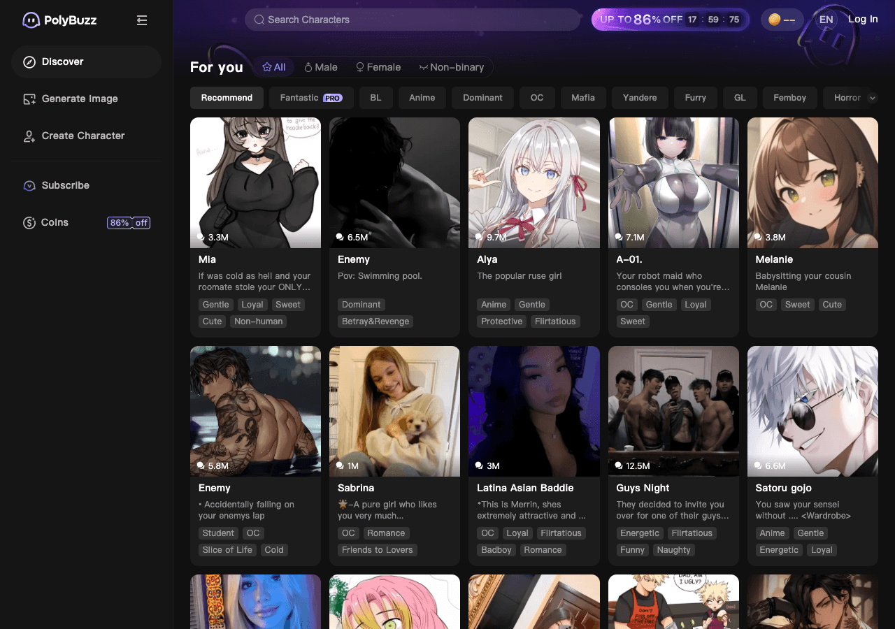 PolyBuzz Conversational AI showing ai chatbot - Chat, create, roleplay—20 million AI characters, all free.