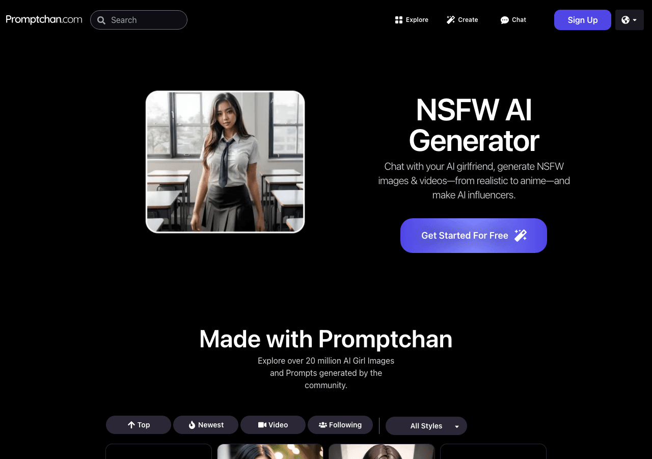 Promptchan AI Image Generation showing nsfw ai image generator - Chat with your AI girlfriend, create uncensored NSFW images