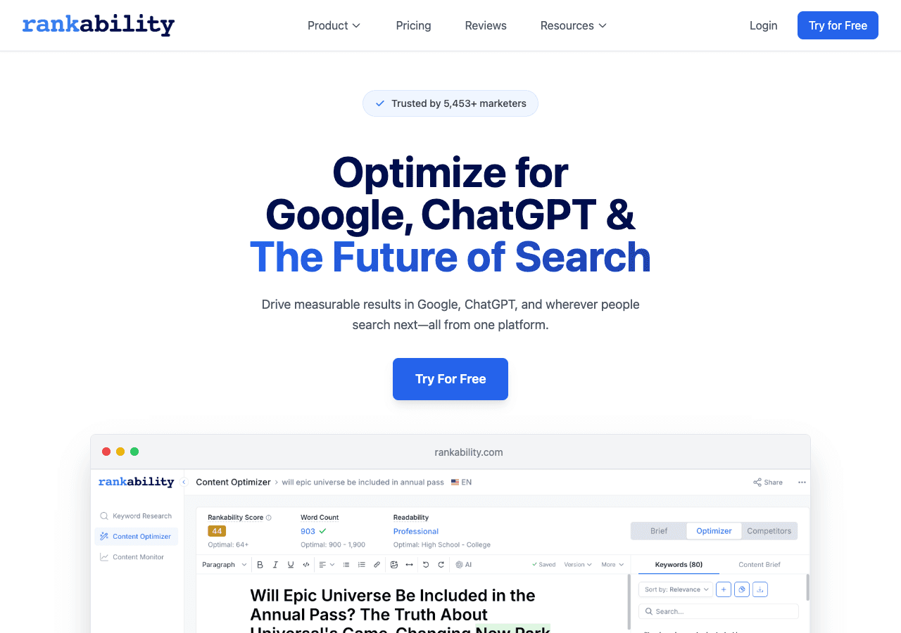 Rankability Search & Discovery showing ai seo platform - Empowering your online presence