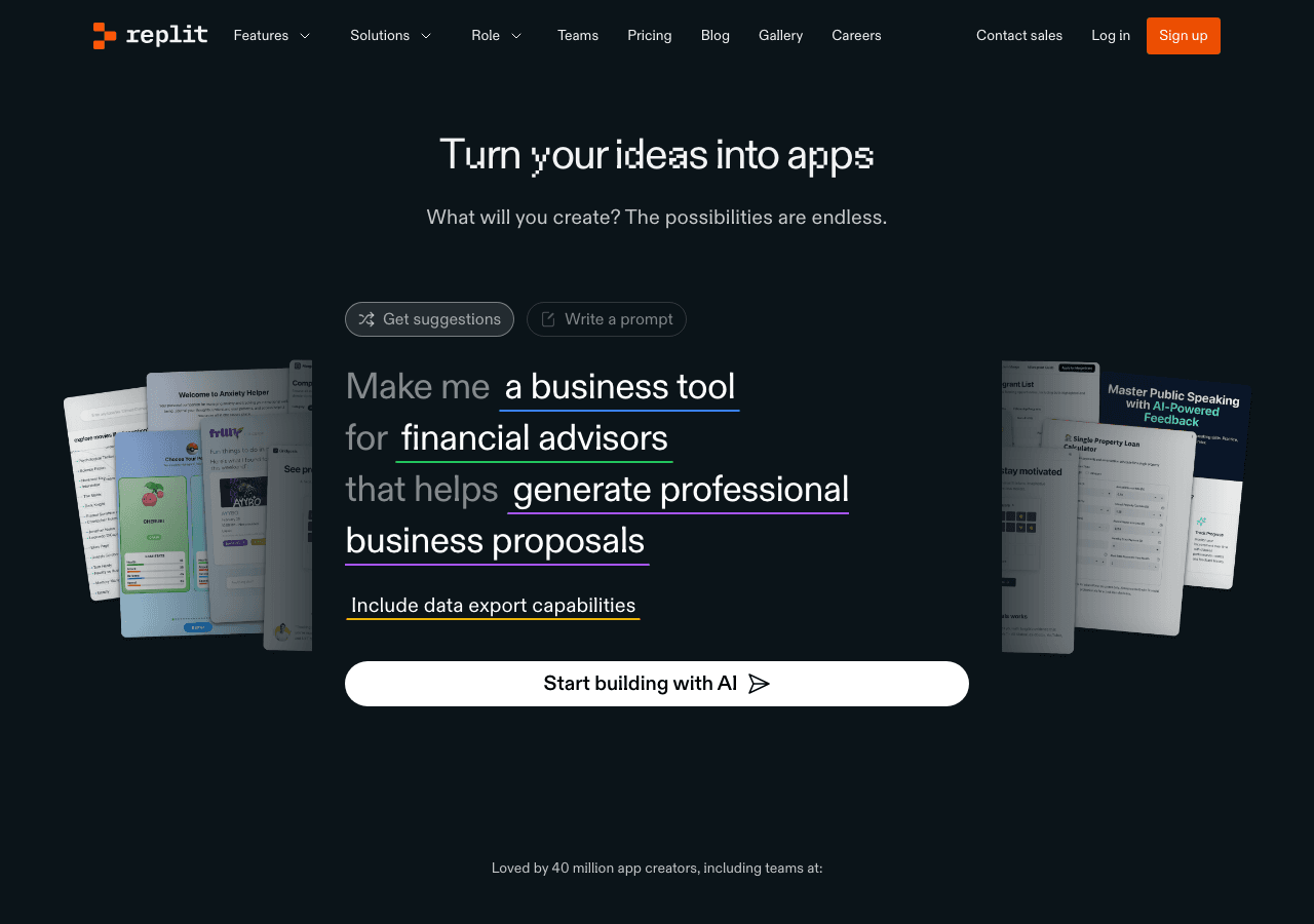 Replit Code Assistance showing ai coding assistant - Build, test & automate apps with AI—autonomously, in your browser
