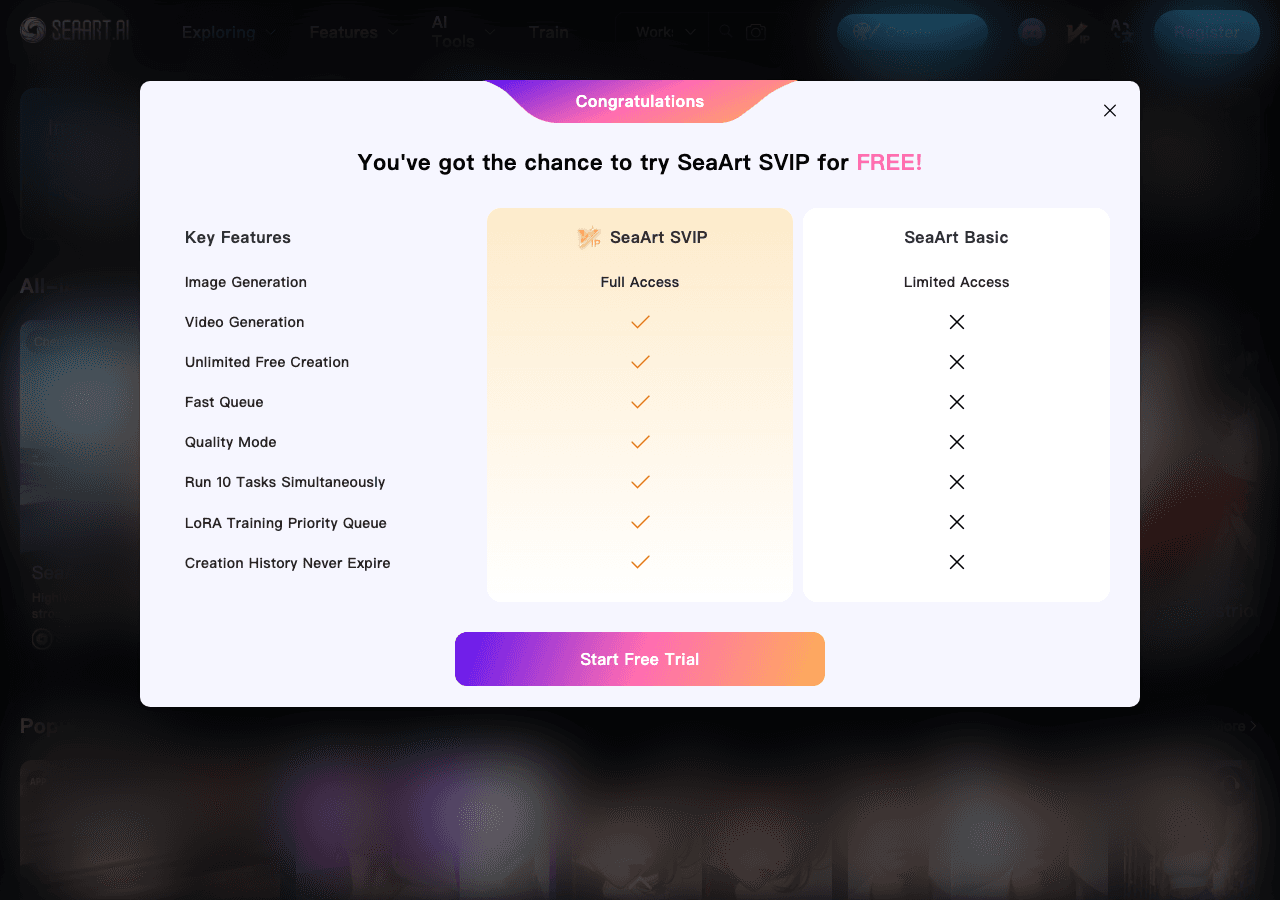 SeaArt AI Image Generation showing text-to-image - Create stunning AI art, videos, audio & characters in minutes