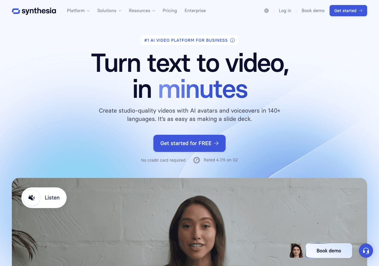 Synthesia Video Generation showing ai video generation - Create studio-quality AI videos for work—securely, globally, and at