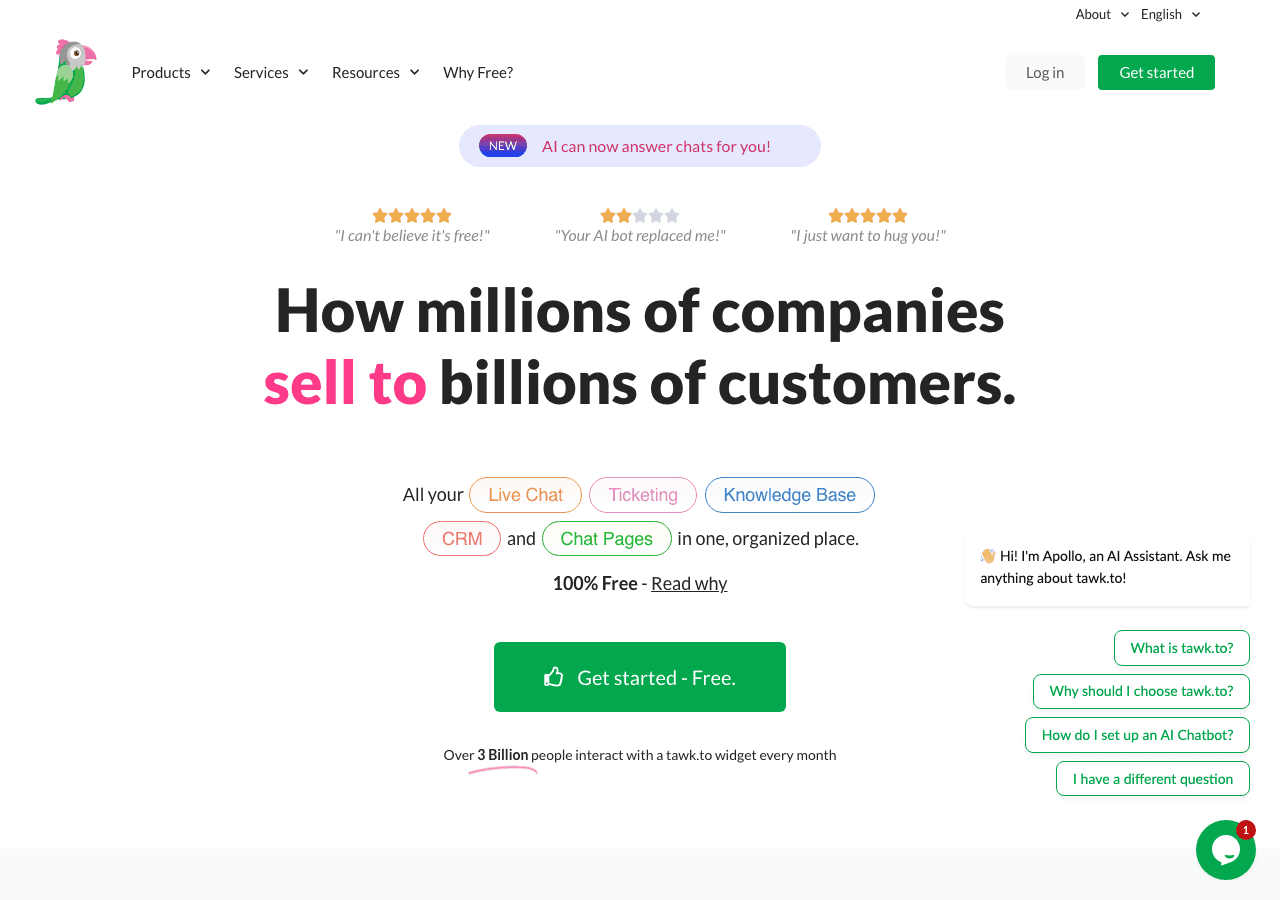 tawk.to Hired Chat Agents Conversational AI showing hired chat agents - Real agents answering chats 24/7 from just $1/hour—ne