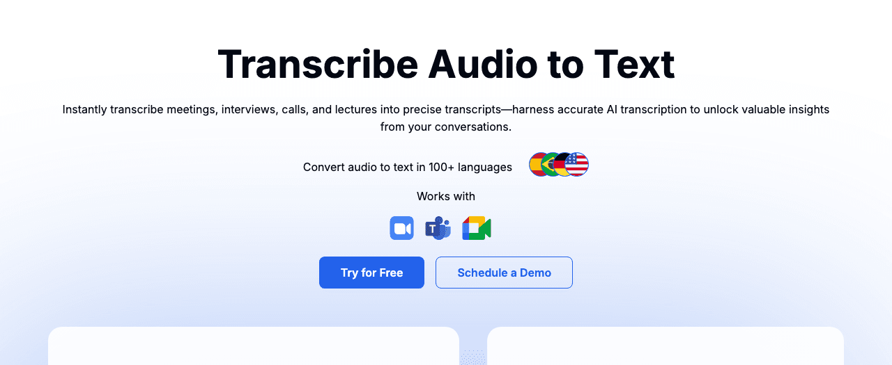 Transkriptor Audio Editing showing ai transcription - Transcribe, translate, and analyze audio and video—accurately and insta