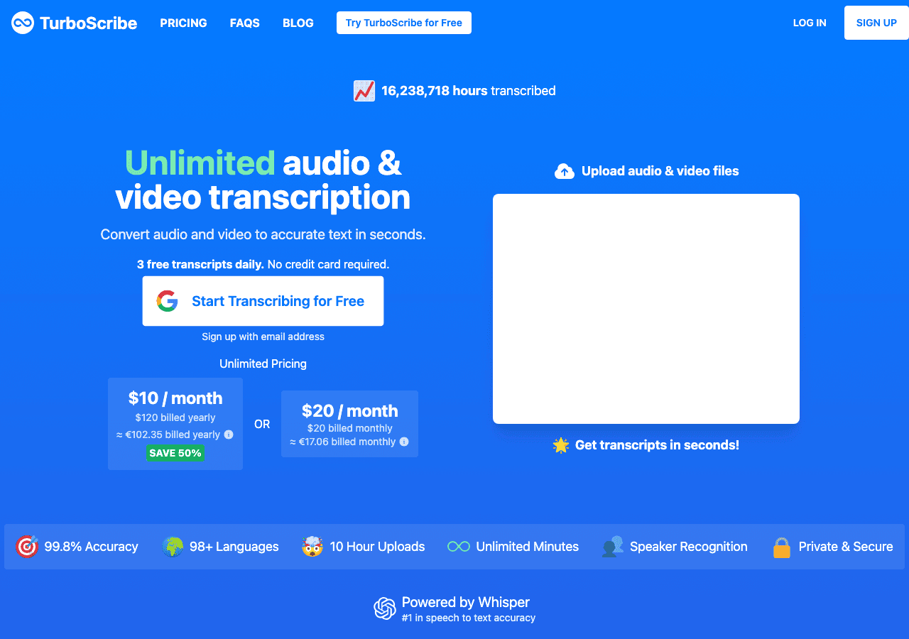 TurboScribe Writing & Translation showing ai transcription - Unlimited transcription at turbo speed—accurate, effortless, in