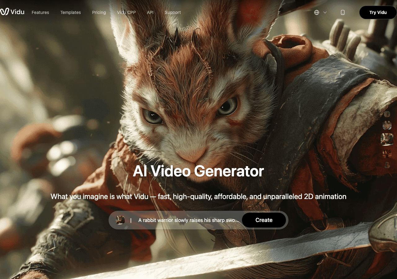 Vidu AI Video Generation showing text to video - What You Imagine, Vidu Creates. Next-Gen AI Video.