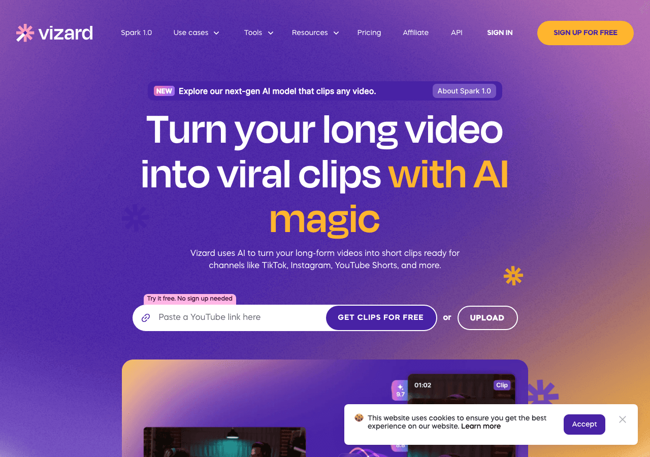 Vizard Video Editing showing ai video editing - Edit smarter. Repurpose faster. Empower your content with AI video tools.